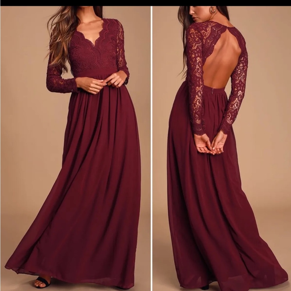 Awaken My Love Burgundy Long Sleeve Lace Maxi Dress small bridesmaids maternity - Picture 3 of 13